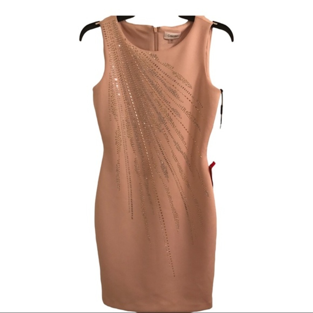 Calvin Klein Pink Embellished gold silver studded scuba fit sheath dress size 2